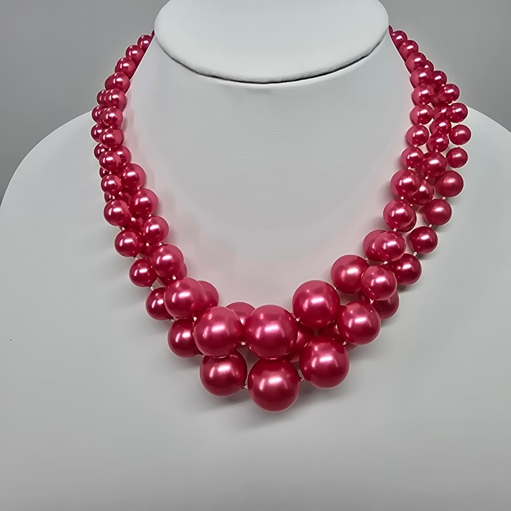 Vintage Hot Pink Faux Pearl Necklace Three Strand Graduated Bubblegum Ball Bead - Picture 5 of 10